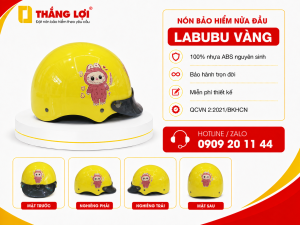 Nón bảo hiểm không kính in hình Labubu màu vàng