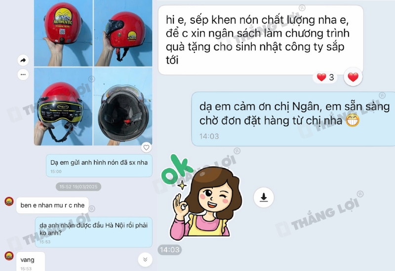 Đánh giá từ khách hàng đã đặt nón 3/4 tại Thắng Lợi