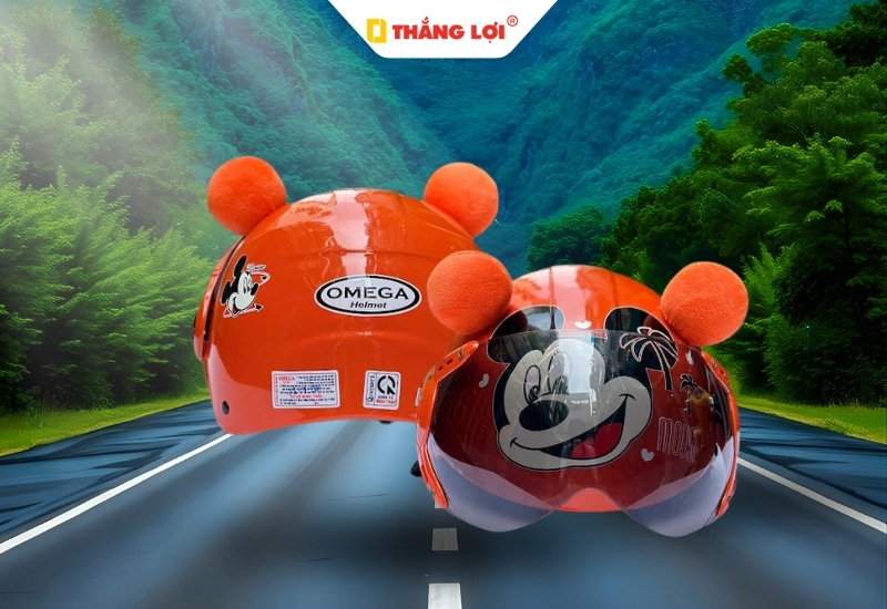 Nón bảo hiểm nửa đầu có kính in logo chuột Micky màu cam