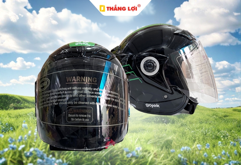 Mũ bảo hiểm 3/4 có kính in logo giao hàng vận chuyển Gojek