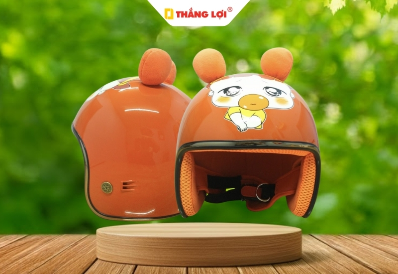 Mũ bảo hiềm 3 phần 4 cho bé màu cam in hình dễ thương