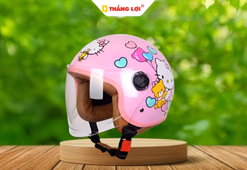 Mũ bảo hiềm 3 phần 4 cho bé in hình Hello Kitty màu hồng cho bé gái