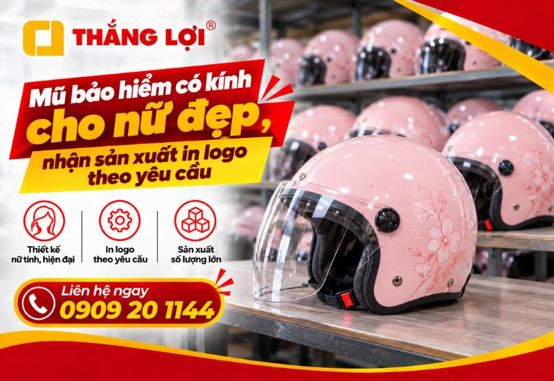 Mũ bảo hiểm có kính cho nữ đẹp, nhận sản xuất in logo theo yêu cầu