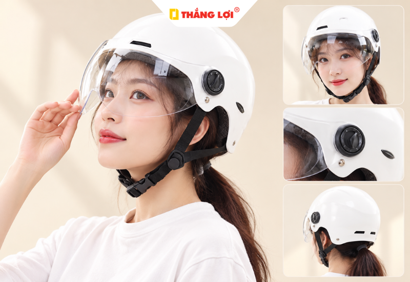 Mũ bảo hiểm nửa đầu có kính trong suốt cho nữ tiện dụng