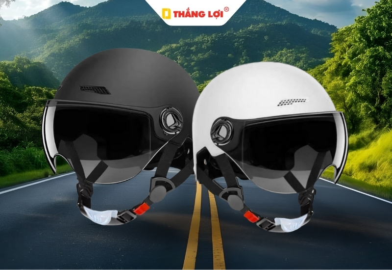 Mẫu mũ bảo hiểm nửa đầu có kính cho nam màu trắng đen