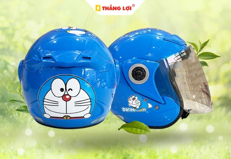 Nón bảo hiểm 3 phần 4 có kính in logo hoạt hình Doremon