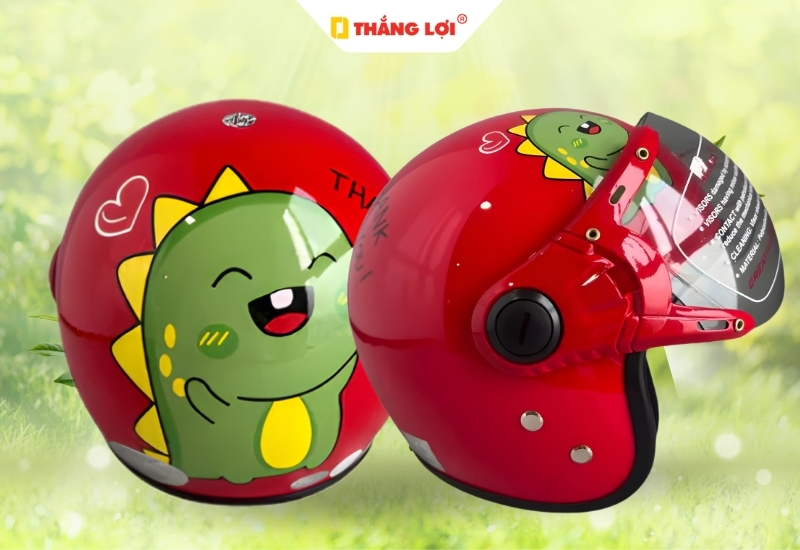 Nón bảo hiểm 3 phẩn 4 in logo hoạt hình Khủng long màu đỏ