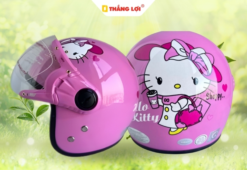 Nón bảo hiểm 3 phẩn 4 in logo hoạt hình Hello Kitty