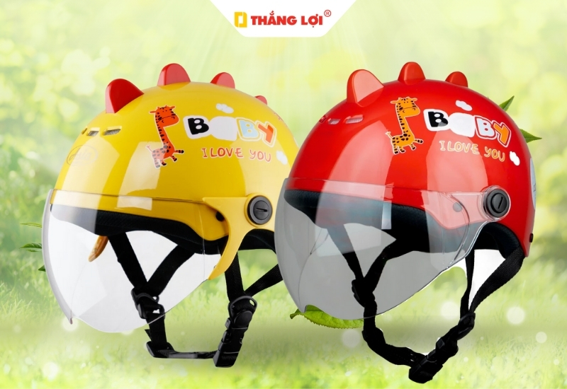 Nón bảo hiểm 3 phẩn 4 in logo hoạt hình Khủng long có sừng