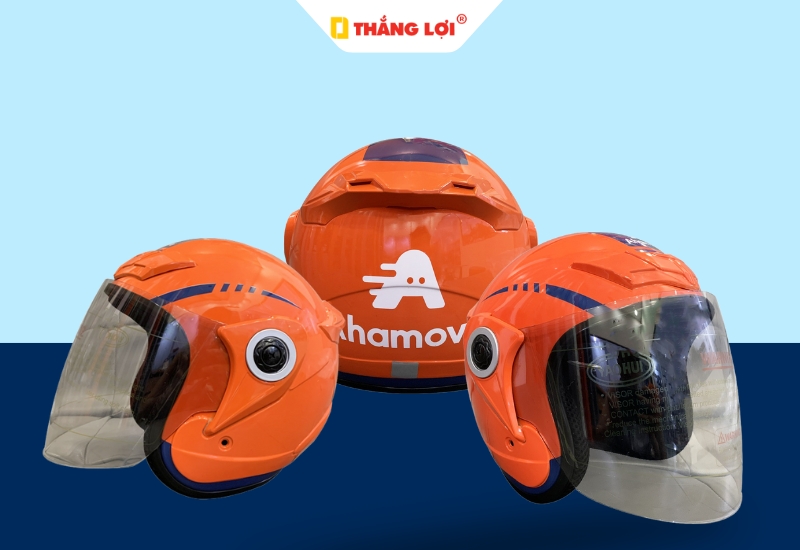 Nón bảo hiểm 3/4 màu cam in logo đơn vị vận chuyển Ahamove