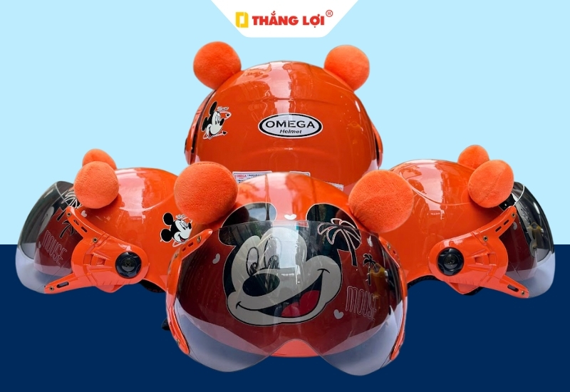 Nón bảo hiểm nửa đầu có kính màu cam in hình Chuột Mickey