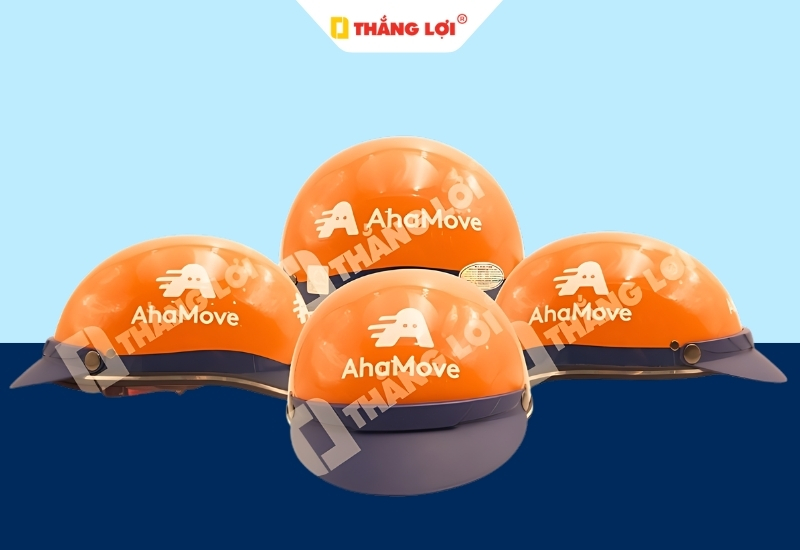 Nón bảo hiểm nửa đầu màu cam in logo đơn vị vận chuyển Ahamove