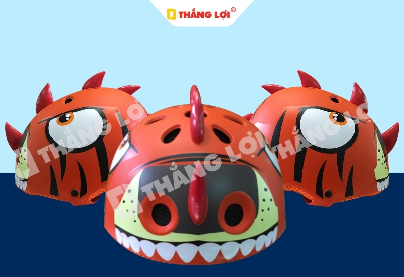 Nón bảo hiểm nửa đầu màu cam in hình khủng long có sừng