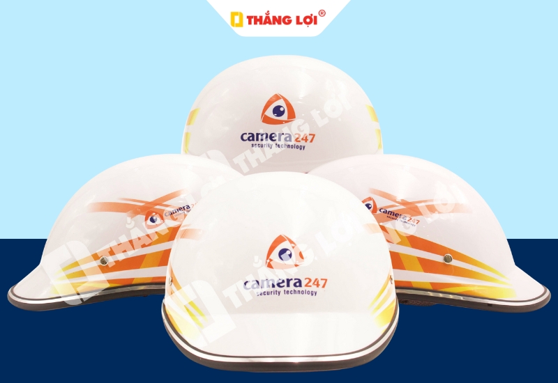 Nón bảo hiểm nửa đầu màu cam in logo thương hiệu công nghệ Camera 247