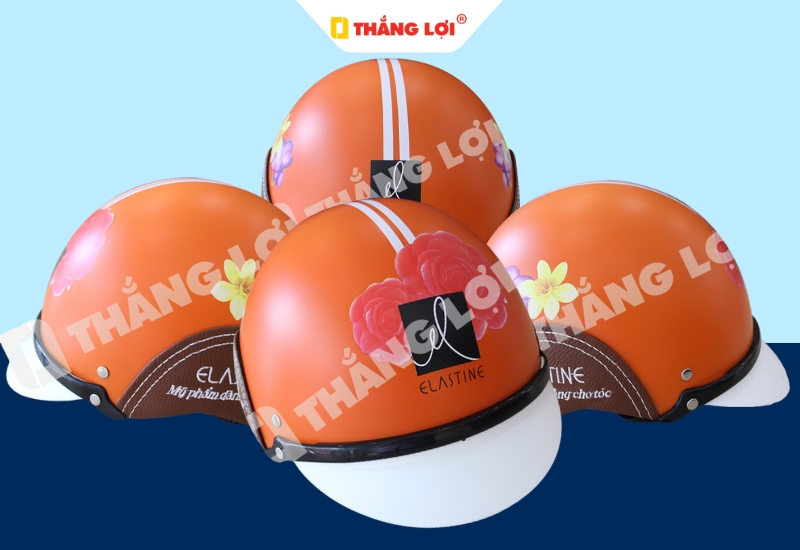 Nón bảo hiểm nửa đầu màu cam in logo thương hiệu làm đẹp Elastine