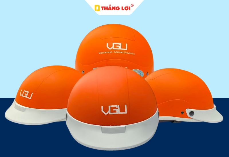 Nón bảo hiểm nửa đầu màu cam in logo trường học VGU