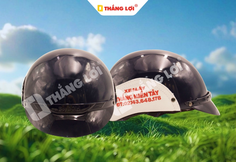 Nón bảo hiểm màu đen bóng ốp da in logo xa máy Thắng Miền Tây