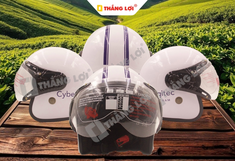 Mẫu nón bảo hiểm màu trắng in logo Cyber Logitec