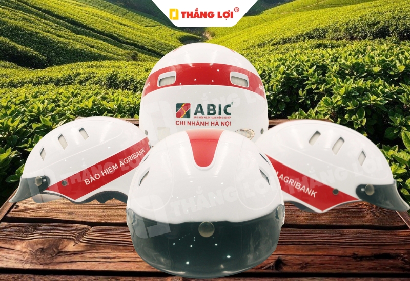 Mẫu nón bảo hiểm màu trắng in logo ngân hàng Abic Hà Nội