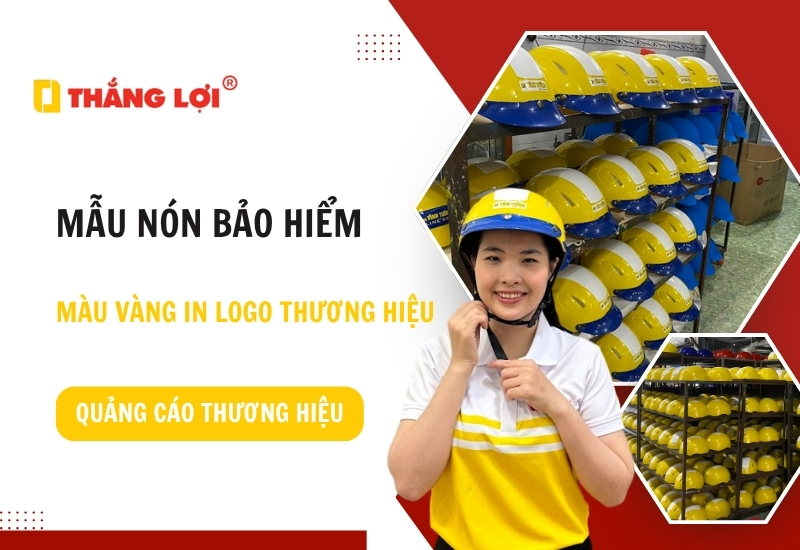 Mẫu nón bảo hiểm màu vàng in logo thương hiệu quảng cáo thương hiệu