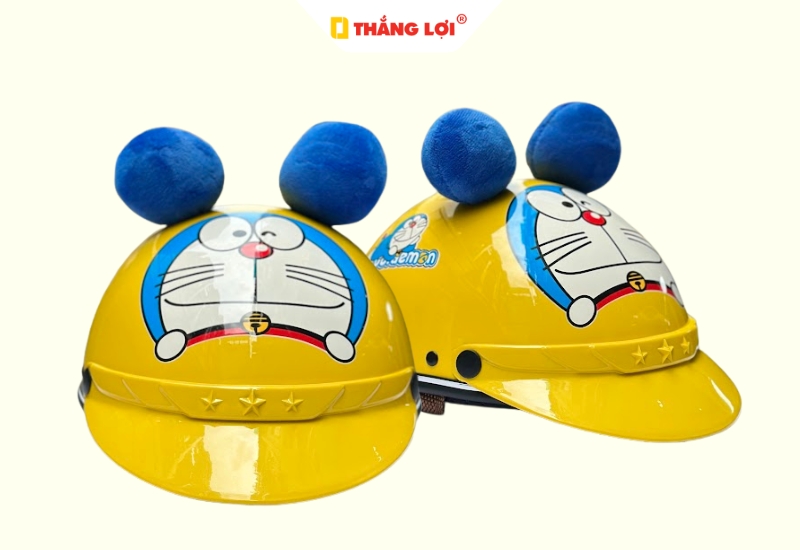 Nón bảo hiểm nửa đầu màu vàng in hình Doraemon