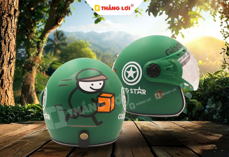 Mẫu nón bảo hiểm 3/4 màu xanh lá cho đơn vị vận chuyển Giao hàng tiết kiệm