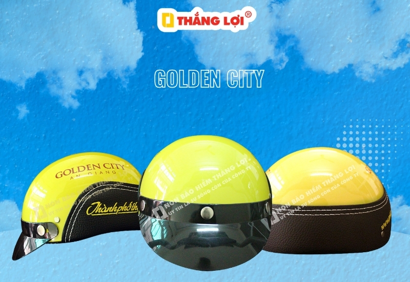 Nón bảo hiểm in logo sàn giao dịch bất động sản Golden City An Giang màu vàng