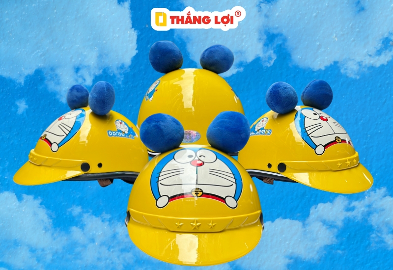 Nón bảo hiểm nửa đầu không kính có tai in hình Doraemon
