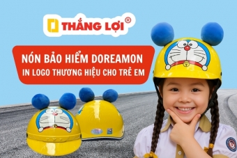 Mẫu nón bảo hiểm Doraemon in logo thương hiệu cực xinh cho trẻ em