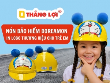 Mẫu nón bảo hiểm Doraemon in logo thương hiệu cực xinh cho trẻ em