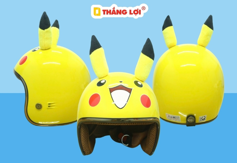 Mũ bảo hiểm 3/4 hình Pikachu màu vàng có tai cho bé