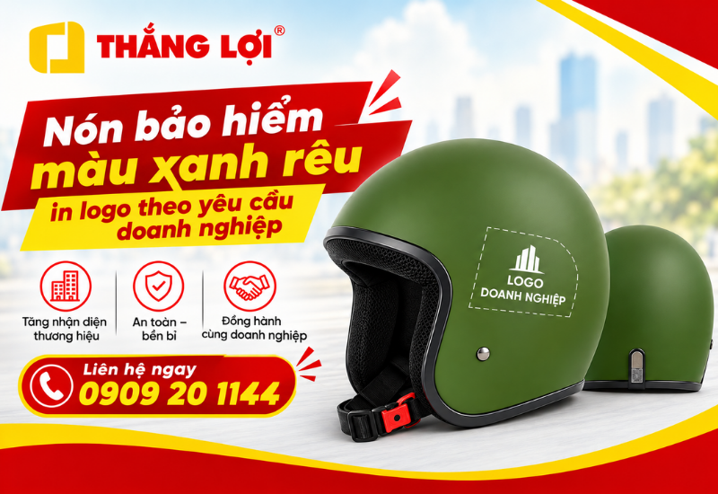Nón bảo hiểm màu xanh rêu in logo theo yêu cầu doanh nghiệp
