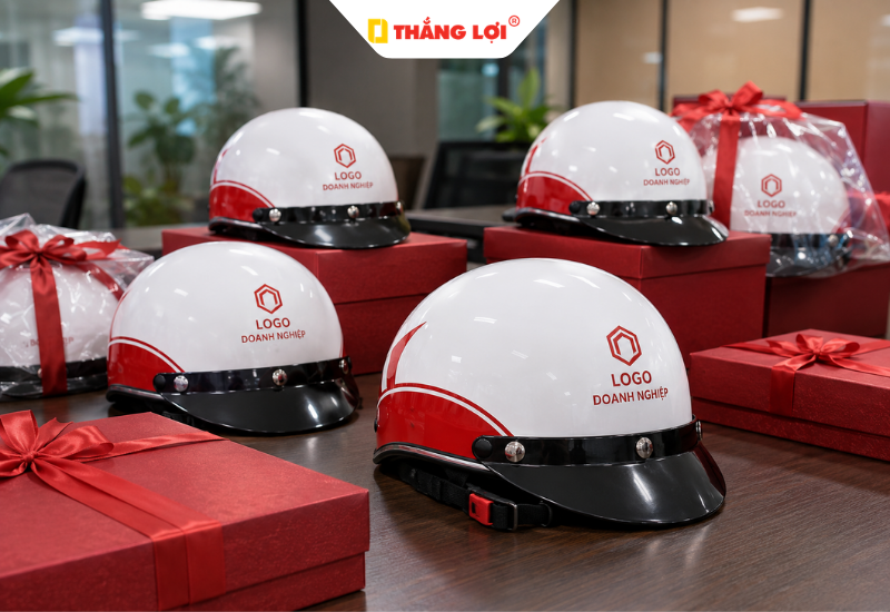 Nón bảo hiểm in logo làm quà tặng tập thể thiết thực